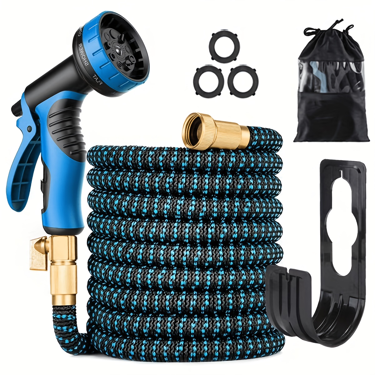 item picture 30.48meter Heavy-Duty Expandable Garden Hose with 8-Function High-Pressure Spray Nozzle, 1/2 Solid Brass Fittings, Leakproof Design, Durable Rubber Material, Perfect for Cleaning, Forestry, And Gardening 7.62meter/15.24meter/22.86meter/30.48meter/45.72meter KIT