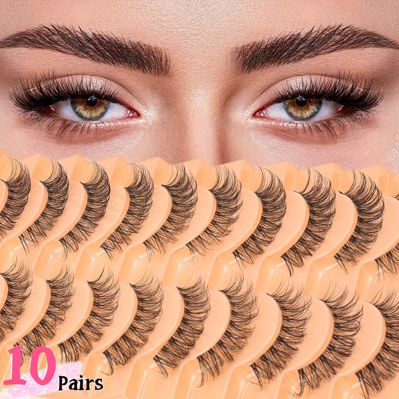 Image of A Set Of 10 Pairs Of Natural, Fine, Fluffy, And False Eyelashes In A Design, Featuring That Elongates The Outer Corners Of , With A Transparent Stem For A Stylish Look
