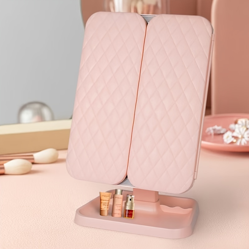 1PC LED Vanity Mirror with Leatherette Stand and Rechargeable Battery, Smart Touch Control, Foldable, Cartoon Theme, Polished Finish, Plastic Frame, USB Powered, Alcohol-Free, for Residential Aesthetic and Makeup Use