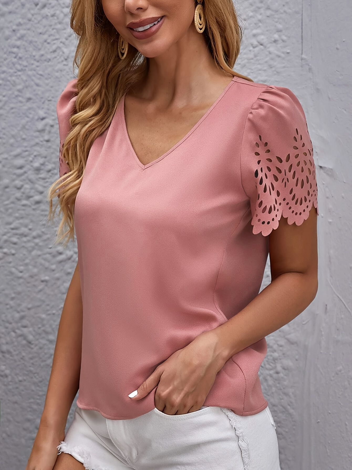 Elegant Casual Short-Sleeve Top for Women with Laser-Cut Scalloped Edges.