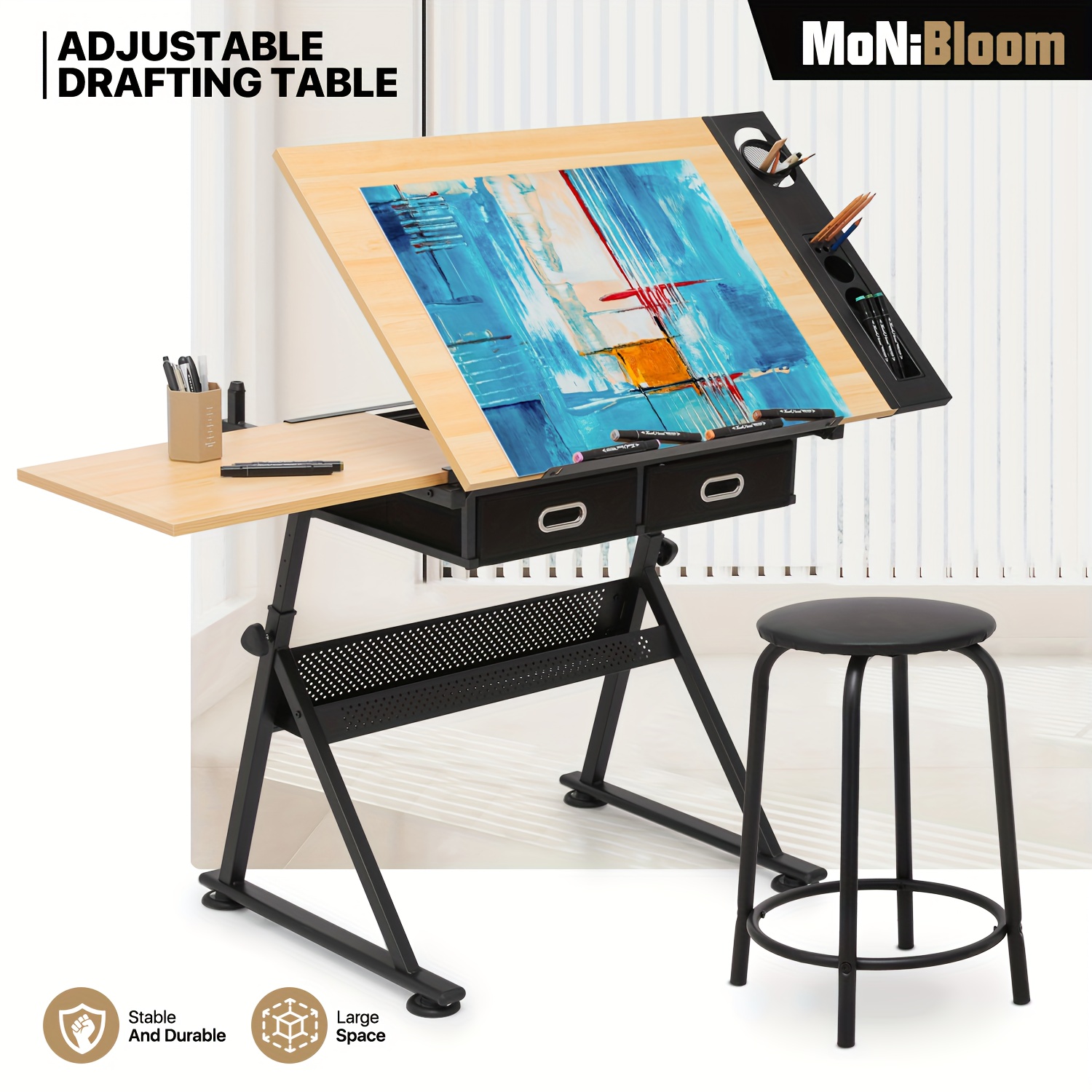 

Desk Drawing Stool Set, Height Desk Tiltable & -out Trays & Drawer For Art Organization, &