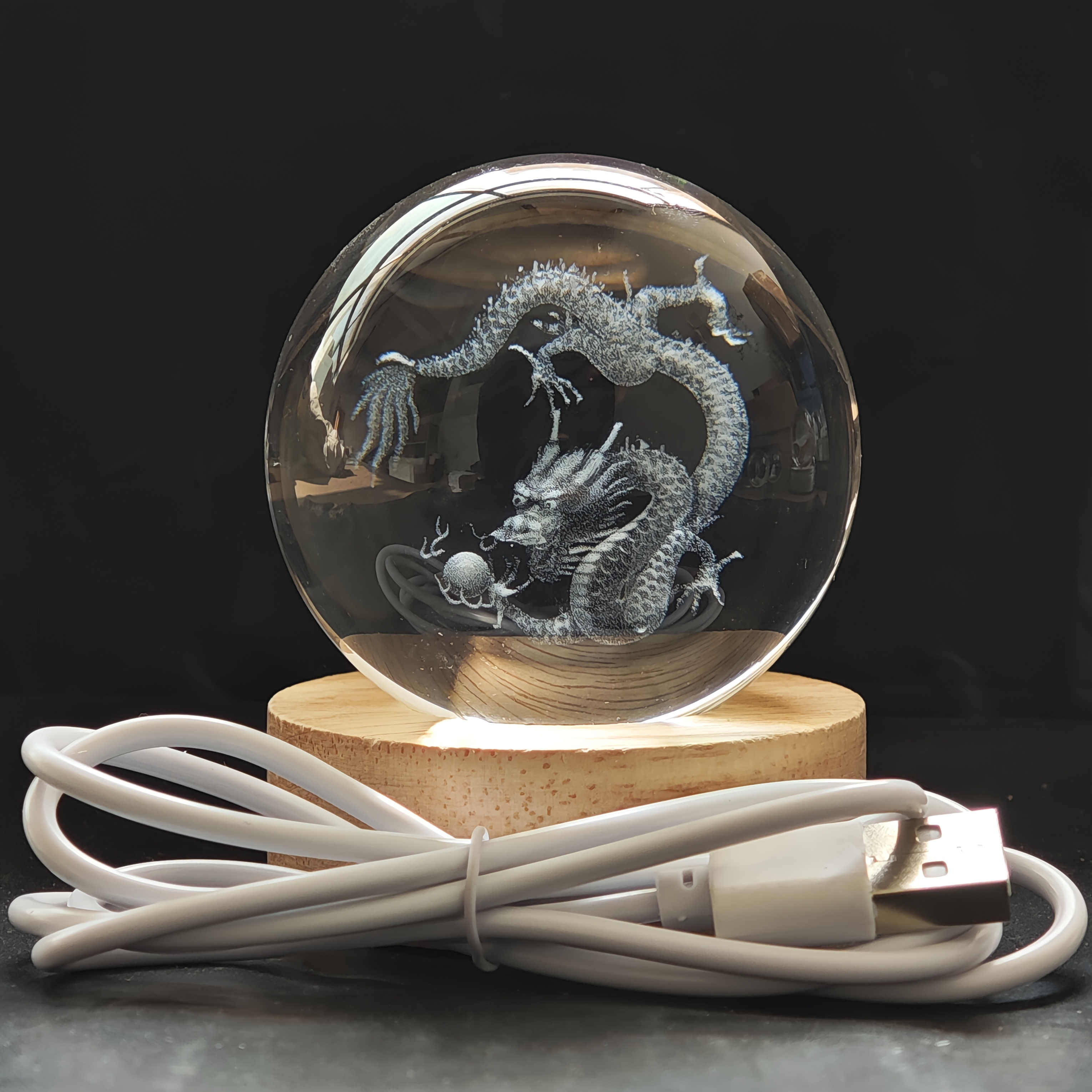 TEMU 1pc Laser Engraving 3d Ball Night Light Wooden Base Led Color Light Usb Power Supply K9 High- Ball Light Symbolizes Power And Good Luck, Perfect