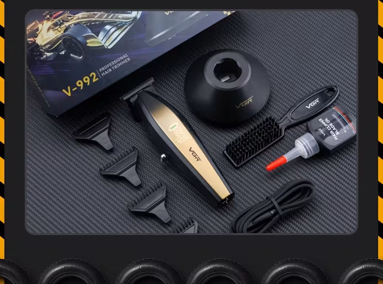 the vgr professional mens hair clippers feature wireless high speed operation at 9000 rpm colored ceramic haircutting kit a large battery a metal body three guide combs a usb charging dock and an led display 992 is for men Product details 7