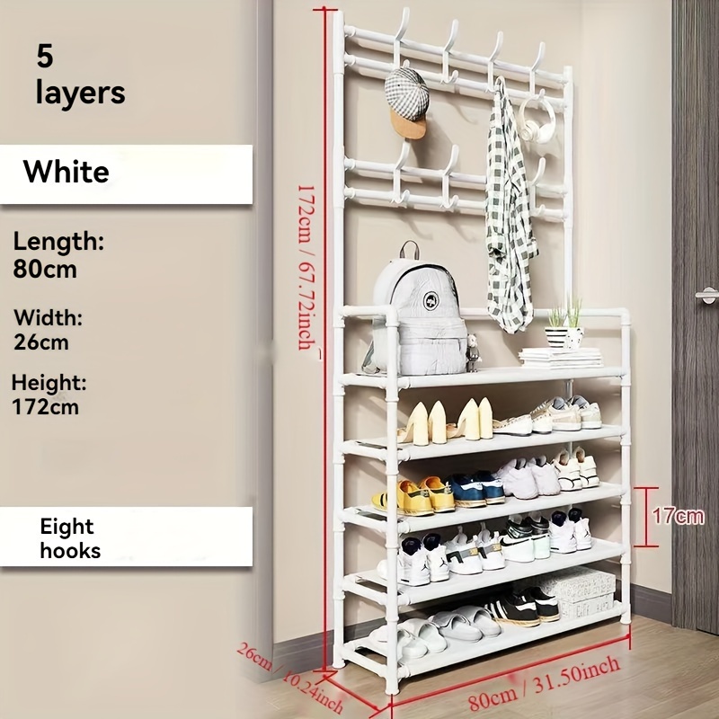 

Multi-layer Dustproof Shoe Rack With Coat Hooks, Free Standing Metal Storage Organizer For Living Room, Bedroom, Entryway - Floor Mount, Space-saving Shoe Cabinet With 4/5 Shelves And 8 Double Hooks