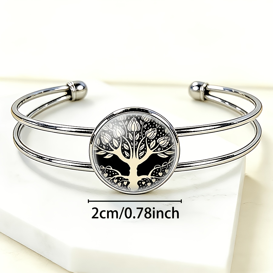 Adjustable Open Bangle with Round Gemstone Inlay, Tree of Life Design