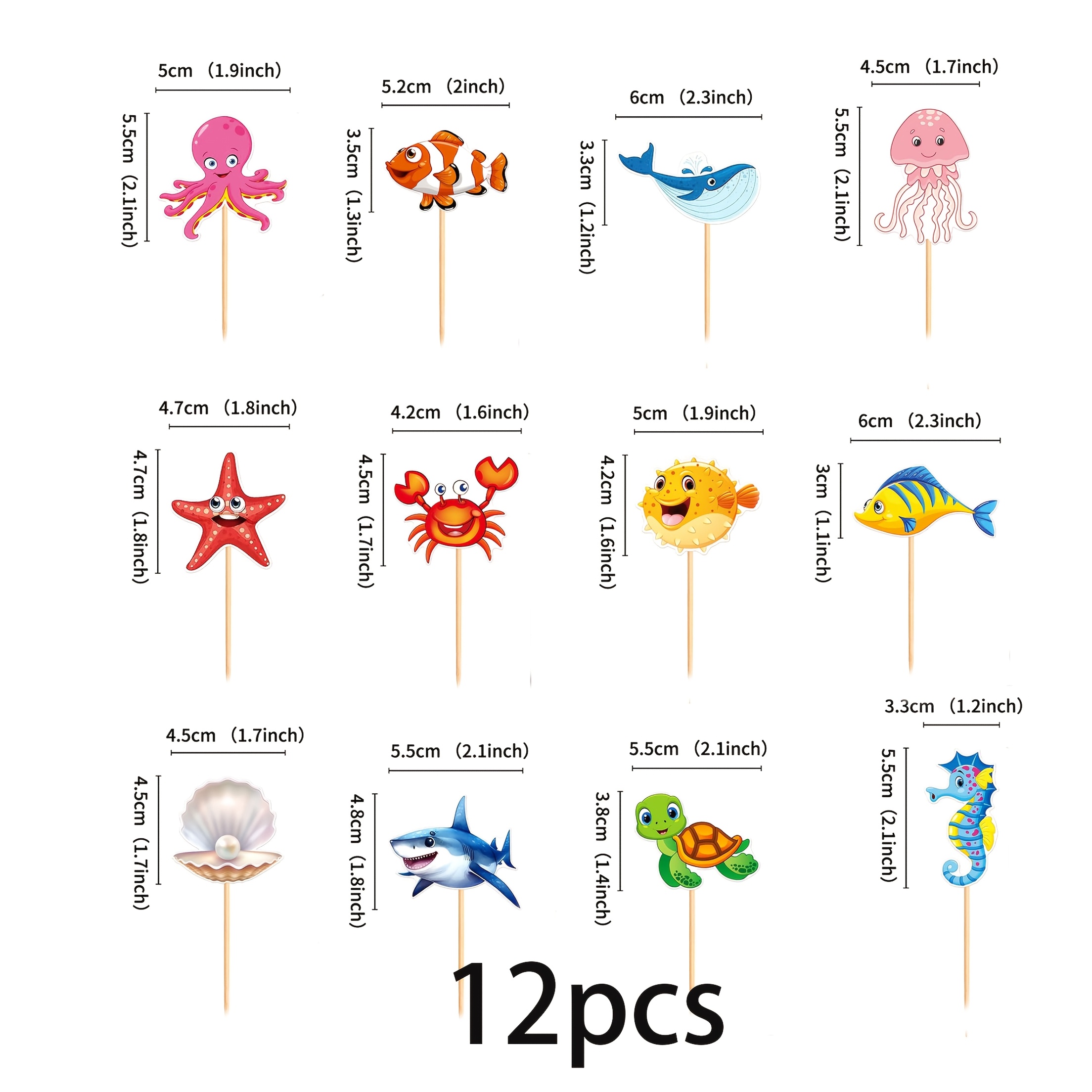 TEMU 12pcs Paper Ocean Animal Cupcake Toppers, Sea Turtle, Octopus, Seahorse, Coral Cake Decorations, Under The Sea Themed Shower Birthday Party