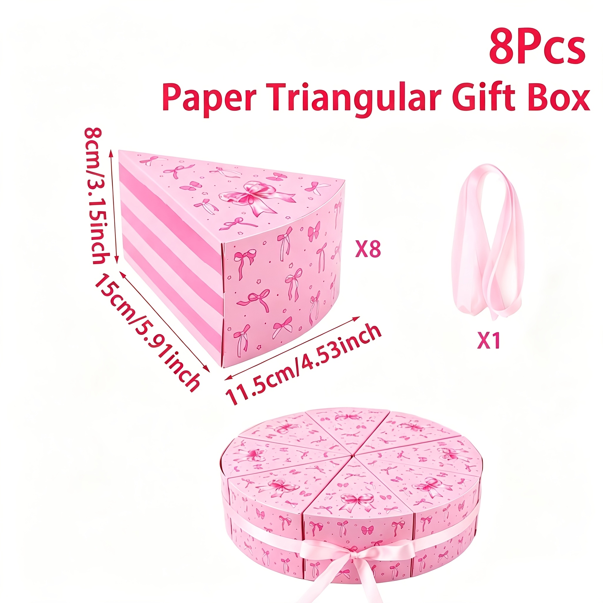 TEMU 8pcs, Party Box Packs, Bow Triangle Gift Boxes, Pink Bow Pattern Triangle Gift Boxes With Ribbons, Happy Birthday Party Supplies, Wedding Bridal