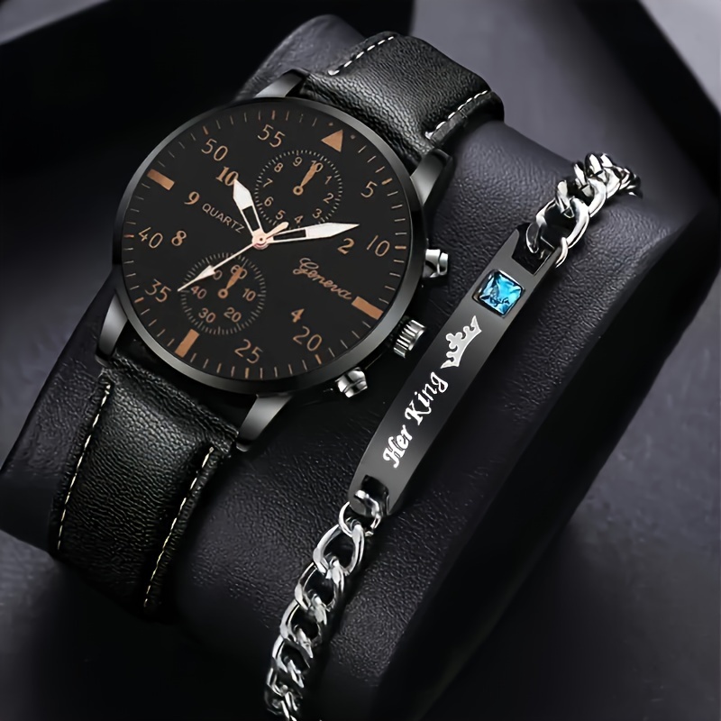 

2 Pcs Black Quartz Watches Pu Leather Strap Alloy Pointer Zinc Alloy Dial And Bracelet Jewelry For Women Men