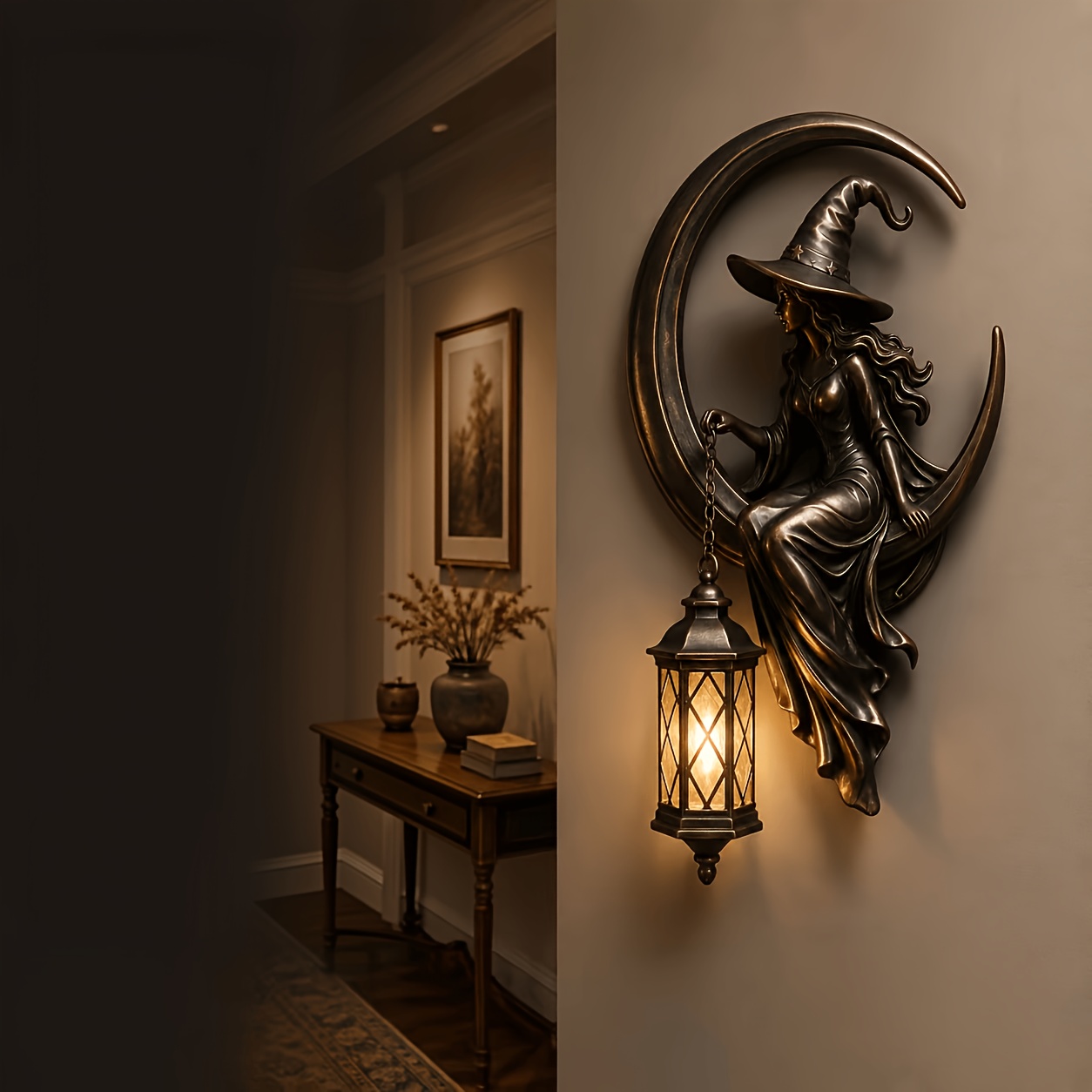 TEMU Halloween Retro Painted Witch-shaped Wall Lamp, Handmade Resin, Bedroom For Home Decoration Lighting, Creative Birthday And Christmas Gifts For
