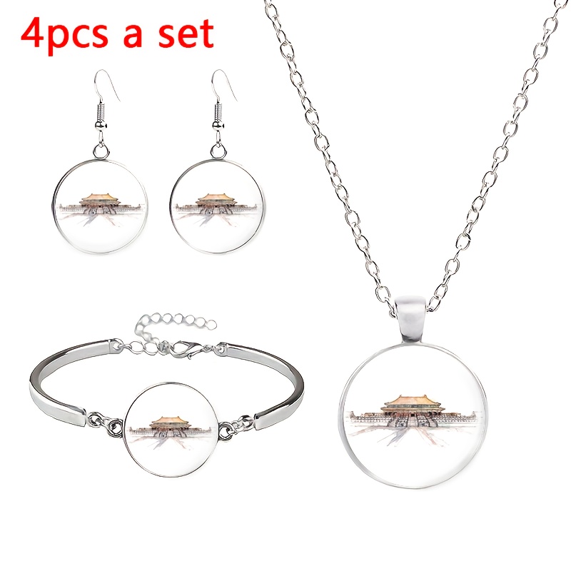 4pcs Jewelry Set with Hand-Painted Forbidden City Design