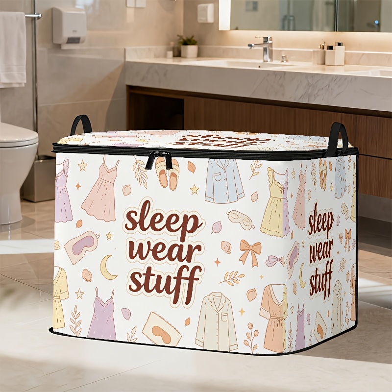 TEMU Pajama Storage Box—soft Pink-purple And Color Scheme, Hand-painted Style Sleep-themed Print Featuring Pajamas, Sleep Masks, Slippers, And Other