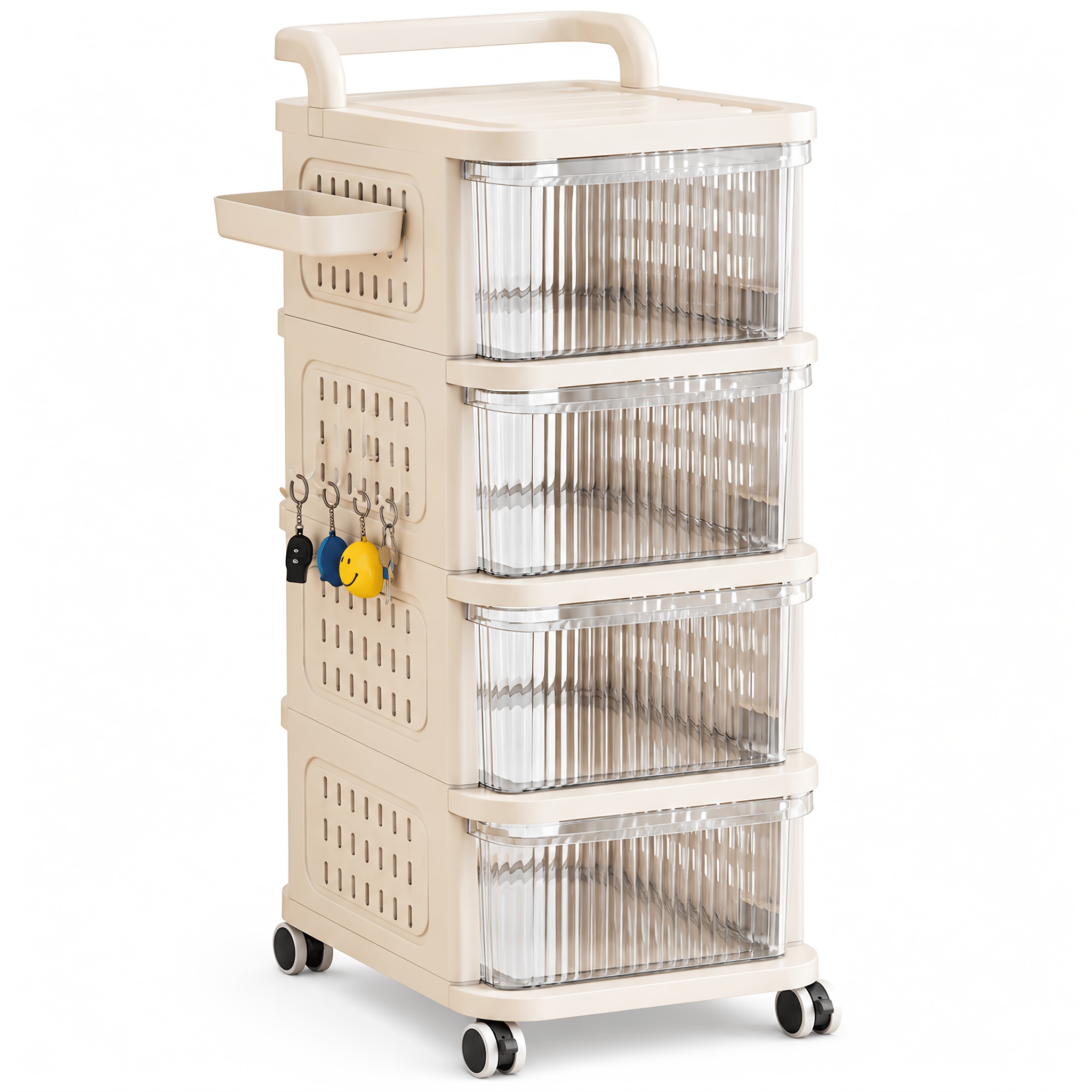 TEMU 3/4/5-tier Slim Rolling Storage Cart With Clear Drawers And Wheels, Mobile Narrow Organizer With Side Hooks And Spice Basket For Kitchen,
