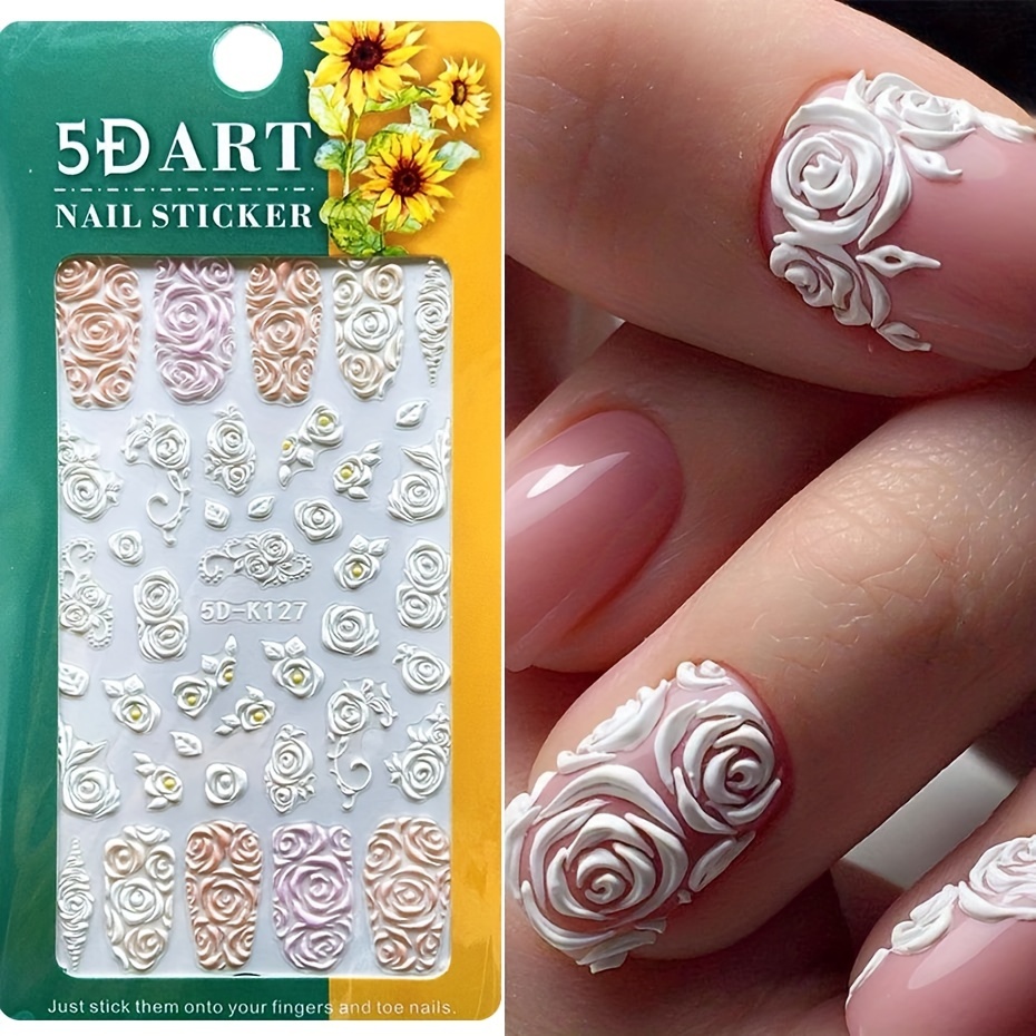 

5d Embossed Nail Stickers White Rose Flower Lace Engraved Sliders For Nail Summer Wedding Self Adhesive Decal Decor