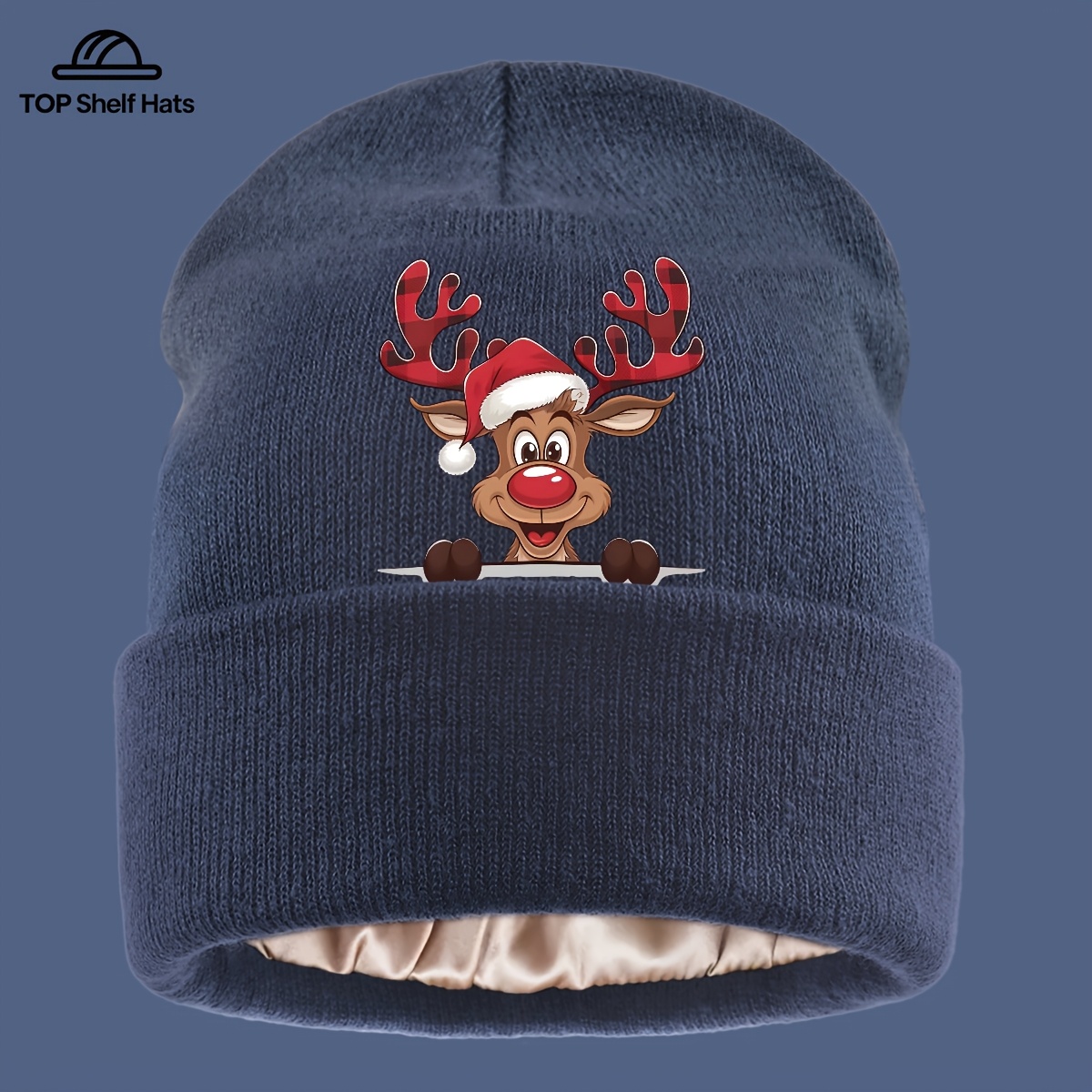 TEMU 1pc Christmas Reindeer Brimless Lined Satin Sateen Hat, Lightweight Trucker Vintage Casual Cap, Outdoor Casual Warm Wear Apparel Accessory,