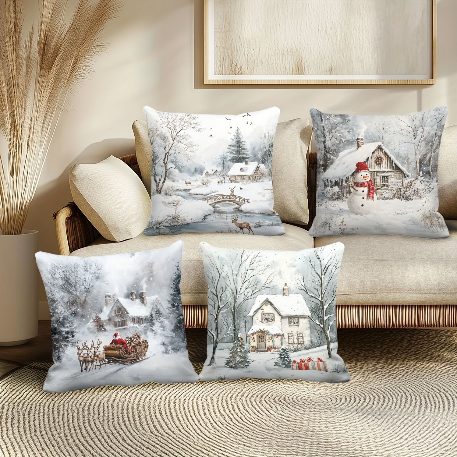 

4pcs Christmas Set Pillowcase, Snowman In , Reindeer Sleigh On Right, River Flowing Through Snow Scene, 18 By 18 Inches-zipper , Hand Washable-for Sofa, Bed And Home Decor (no Padding)