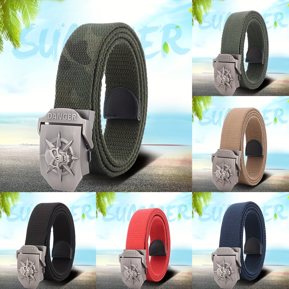 Mens Skull Emblem Canvas Belt with Automatic Buckle