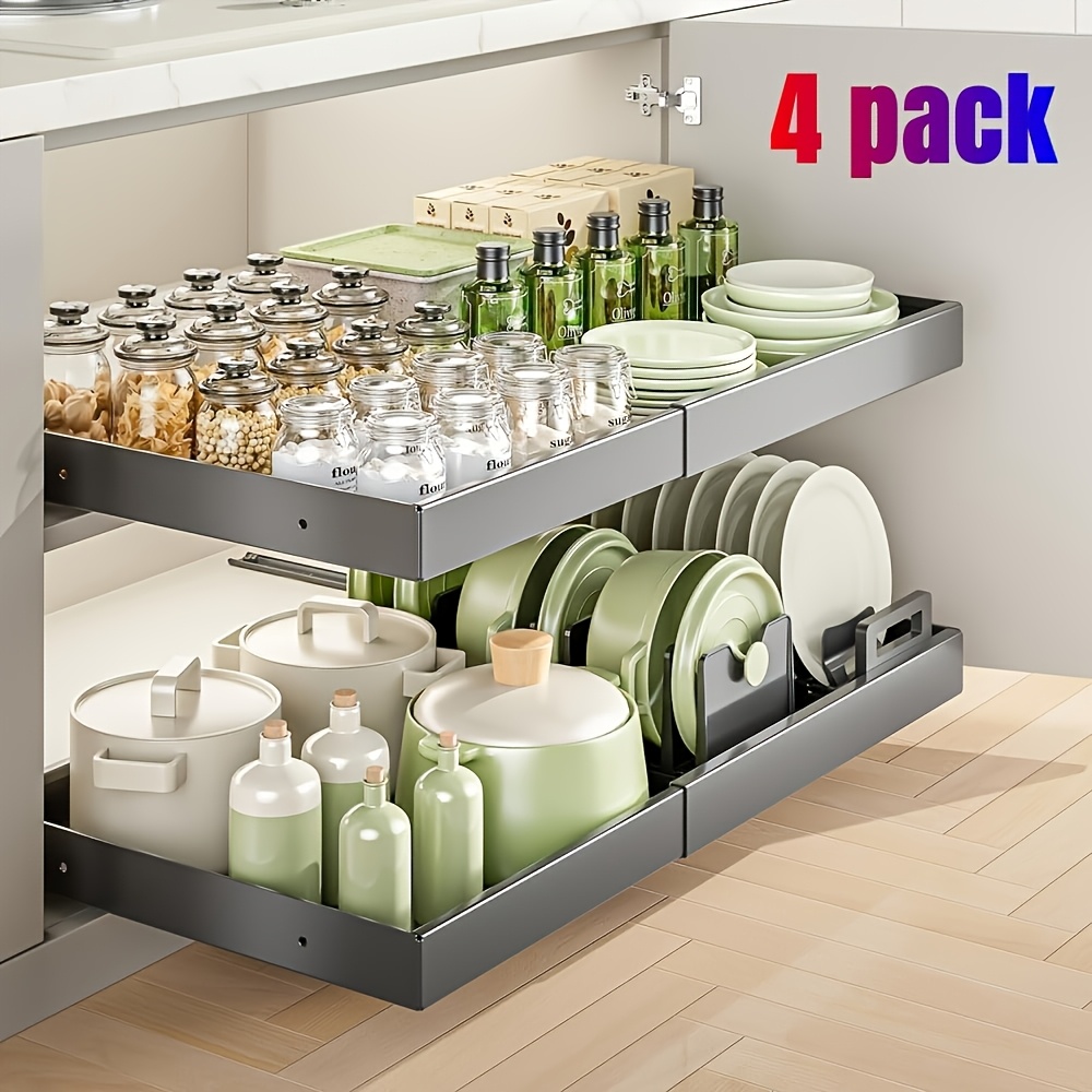 TEMU 4drawers Expandable Slide Out Drawer, No Drill Pull Out Cabinet Organizer With Adhesive, 4pcs Heavy Duty Roll Out Shelves, Expandable Width For