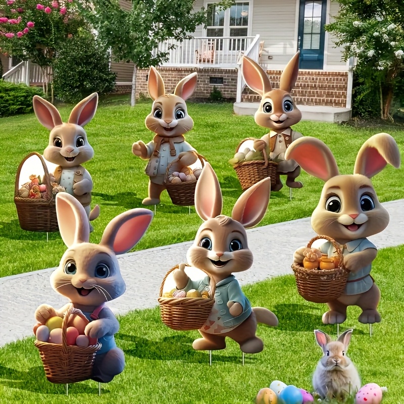 

6- Easter Bunny Yard Signs, Plastic Animal-themed Outdoor Lawn Stakes, Non-electric Battery-free Holiday Decorations For Easter