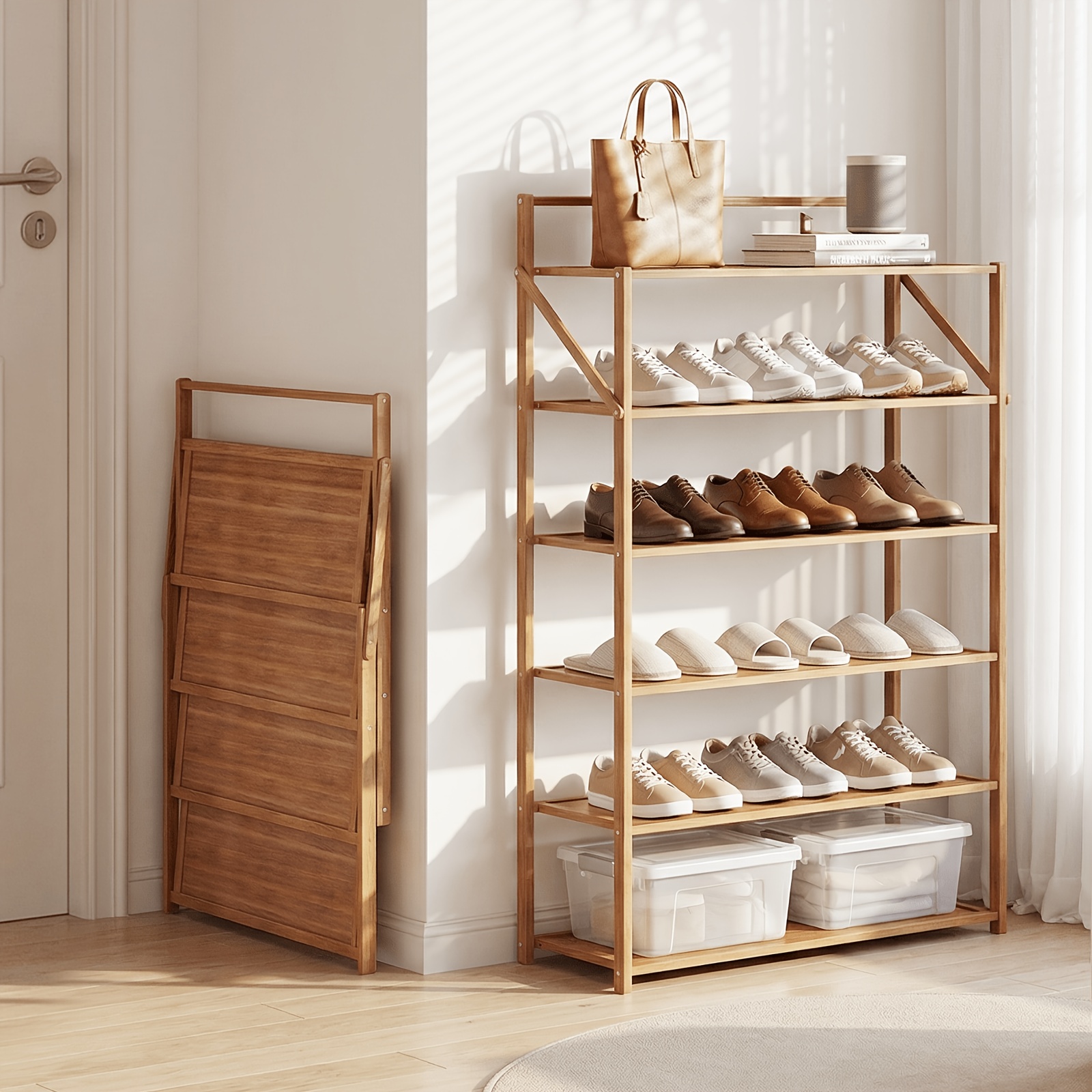 TEMU Étagère à chaussures pliable multicouche, de place, verrou à boucle grande , structure stable, style polyvalent, convient pour entrée, salle de