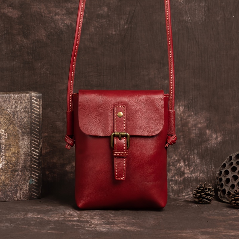 TEMU Genuine Leather Women', Retro Artistic Style, Plant Tanned Leather Small Bag, Casual And Versatile Cowhide 1 Shoulder Crossbody 6.7-inch Mobile