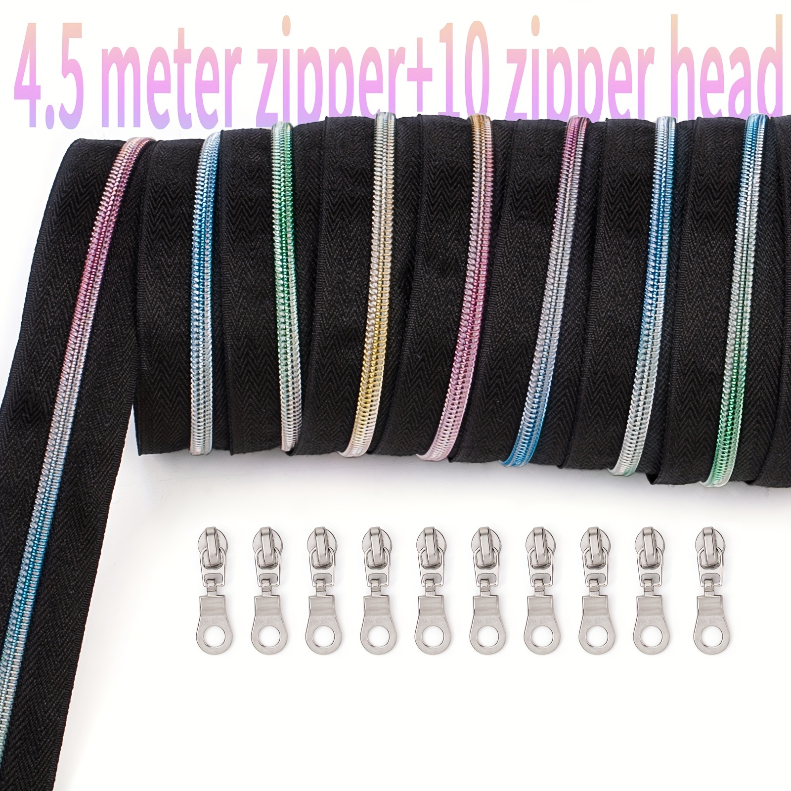 

1 Set 4.5m Zipper+10 Pulls, No. 3 Nylon Colorful Teeth Zipper, Colorful Gradient Teeth, Extra Long Free Cutting, Suitable For Clothing Pockets, Bags Handbags, Handmade Diy And More