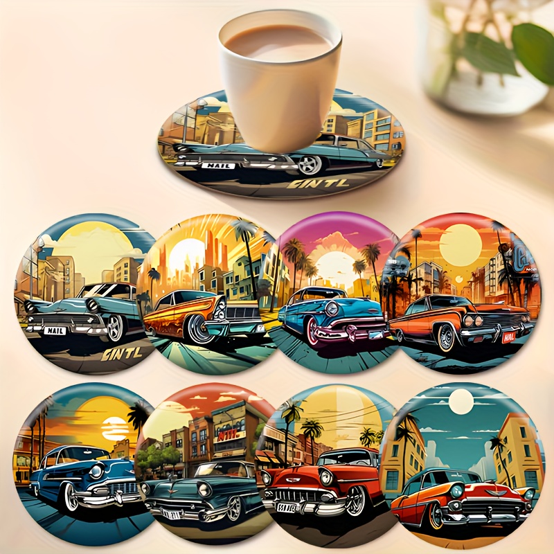 TEMU 2d Flat, 2d Flat 8pcs Vintage Car Series Wooden Coasters, Made Of Heat-resistant Synthetic Wood, Perfect As Holiday Gifts. This Set Of Non-slip