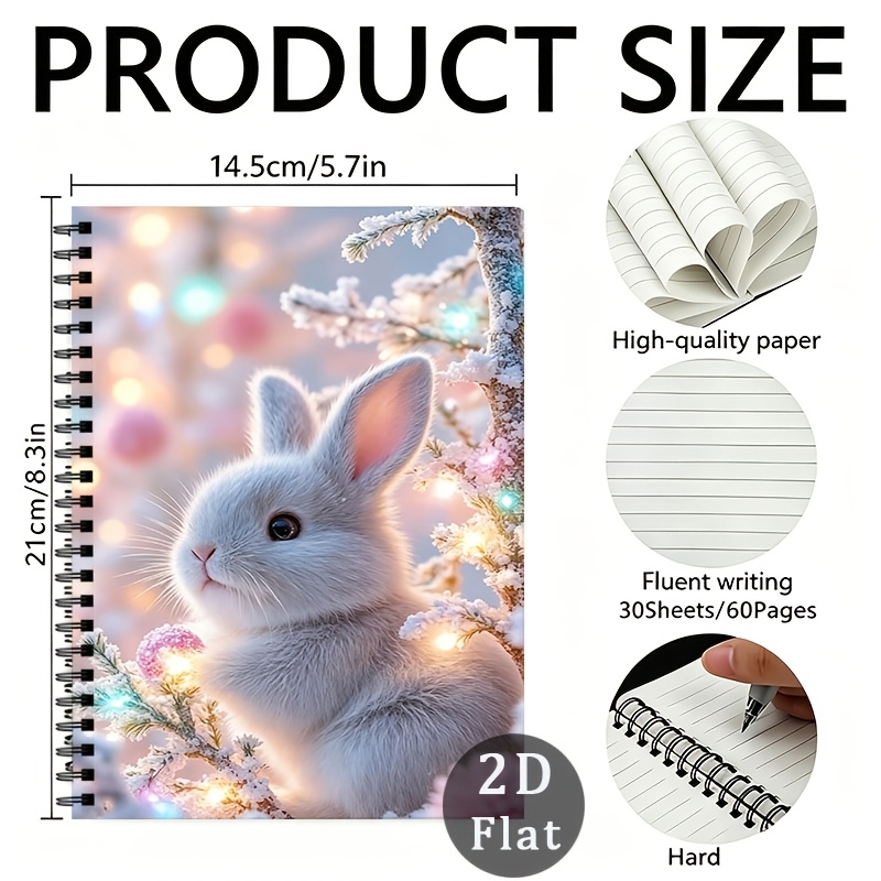 TEMU 1pc Fantasy Snow Rabbit Spiral Lined Notebook, With A Total Of 60 Pages In A Spiral Notebook, For Recording Winter Memories, Suitable For School
