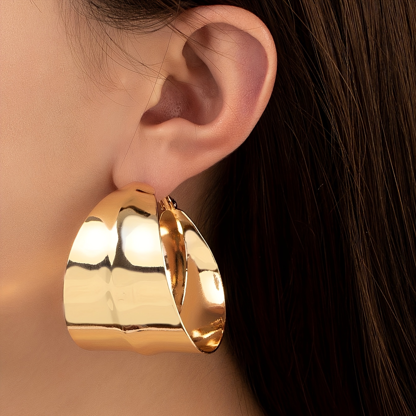 TEMU 1 Pair Lxalry Elegant Golden-tone Wide Hoop Earrings - Sleek Minimalist Style, Perfect For Daily Wear & Special Occasions, Ideal Valentine's, ,