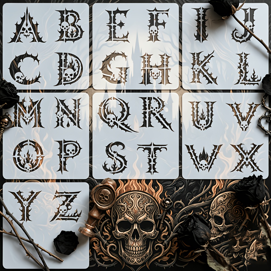 TEMU 7pcs Gothic Alphabet Stencil Set (a-z) – Reusable Pet Templates. Dark Horror-style Lettering Stencils Compatible With Walls, Canvas, Fabric,