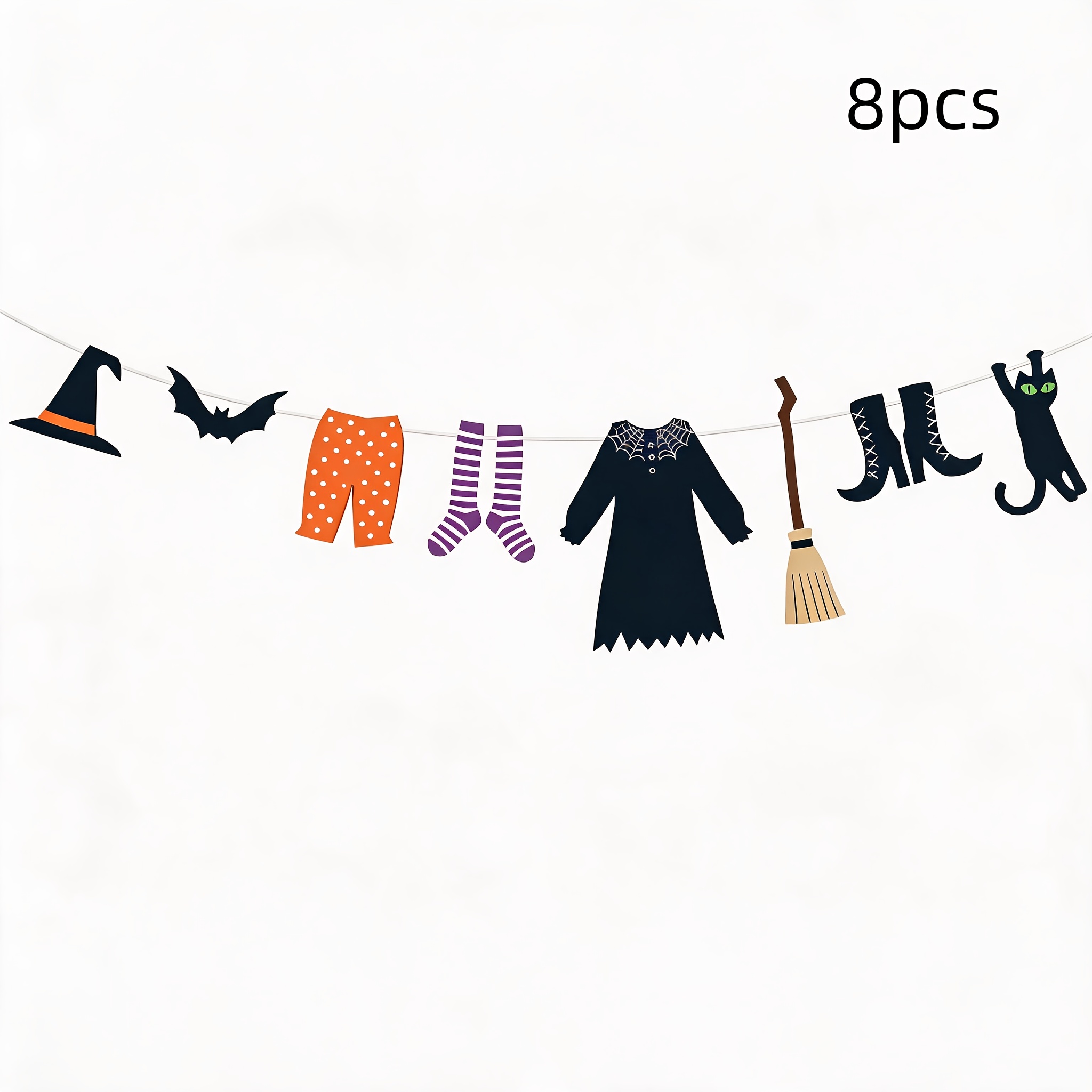 Image of For Halloween Witch Element Banner, 8pcs Cute Witch Hat Bat Pants Striped Socks Robe Broom Boots Black Cat Retro House Style, Trick Or Treat Party Decoration For Halloween