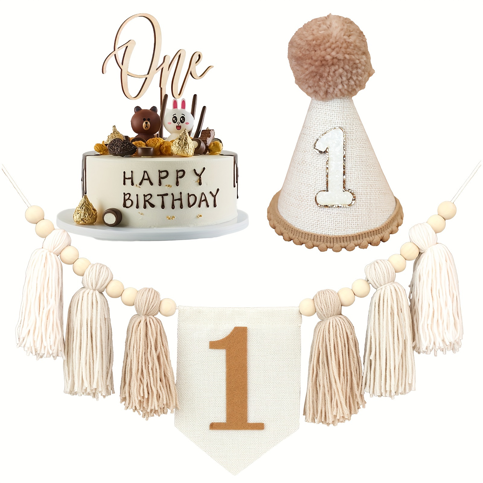 

Birthday Party Decoration Set - 3 Piece Tassel Highchair Banner, Party Birthday Hat, 'one' Cake Topper For First Birthday Celebration, Fabric No-electricity Needed Decor Ideal For Photo Props