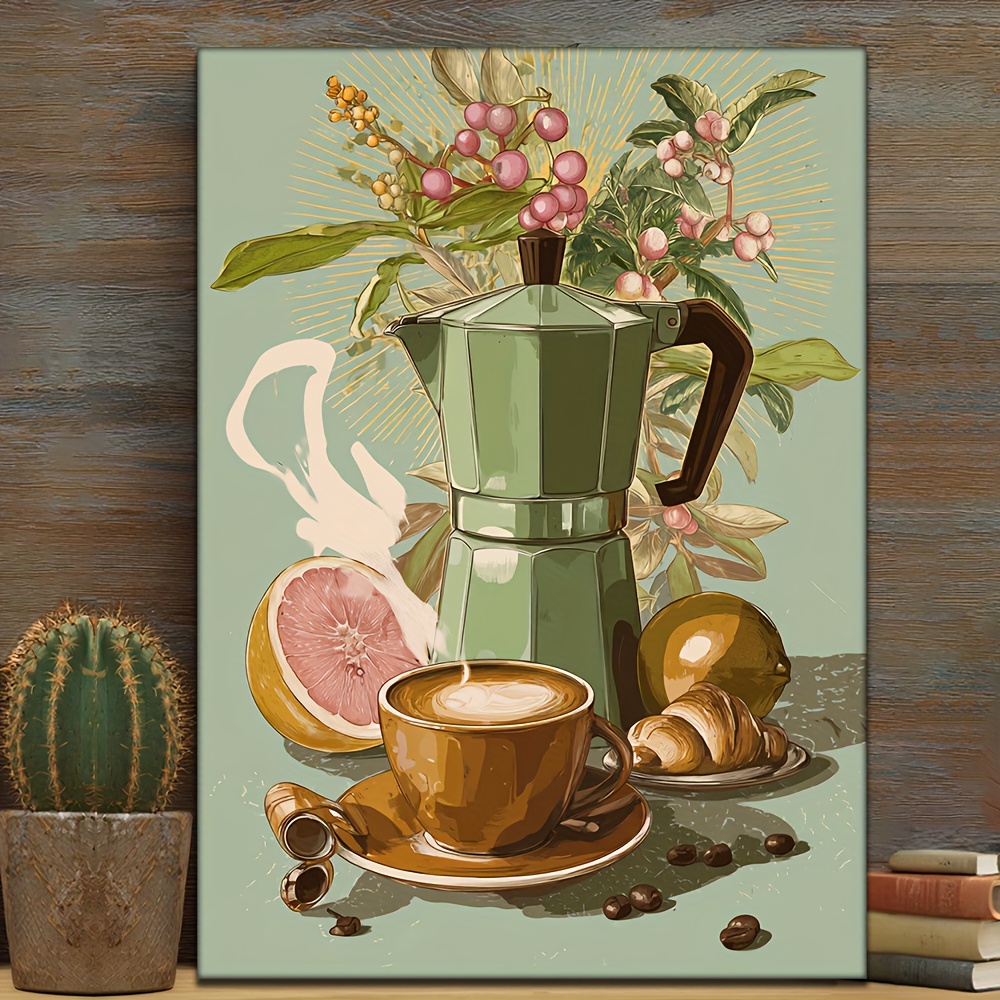 TEMU 2d Flat, 2d Flat, 1 Piece Of A Retro And Tea Poster Featuring An Espresso Machine, Coffee Beans, And A Cup, Designed In Mint Green And Brown.