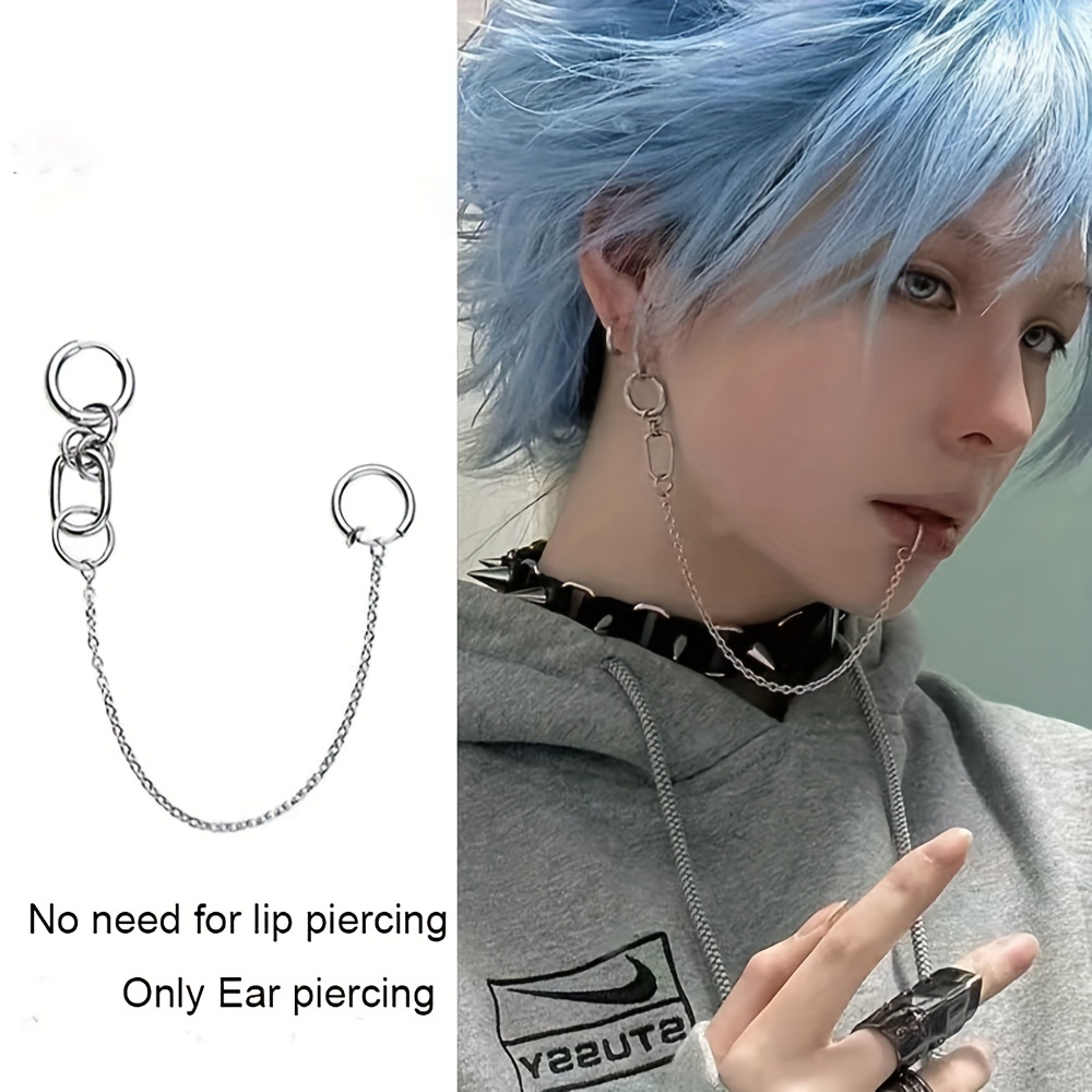 1PC Stainless Steel Fake Lip Piercing With Chain Linked Ear Hoop Anime Style Lip Clip Lip Ring Ear Piercing Body Jewelry