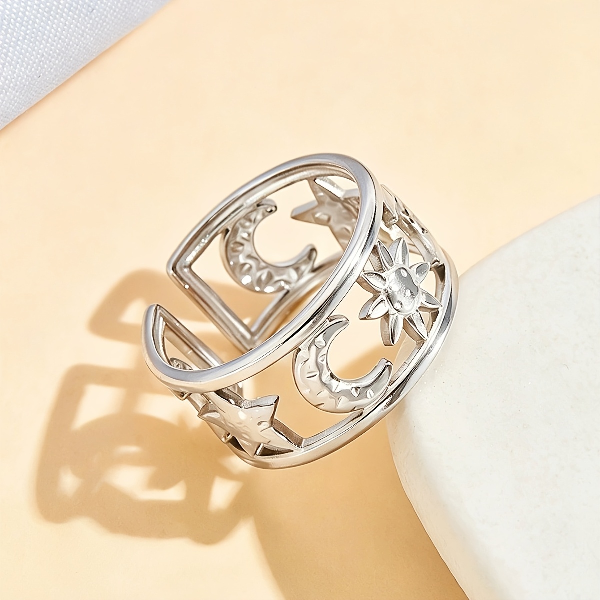 Women's Open-Adjustable Star and Moon Pattern Stainless Steel Ring