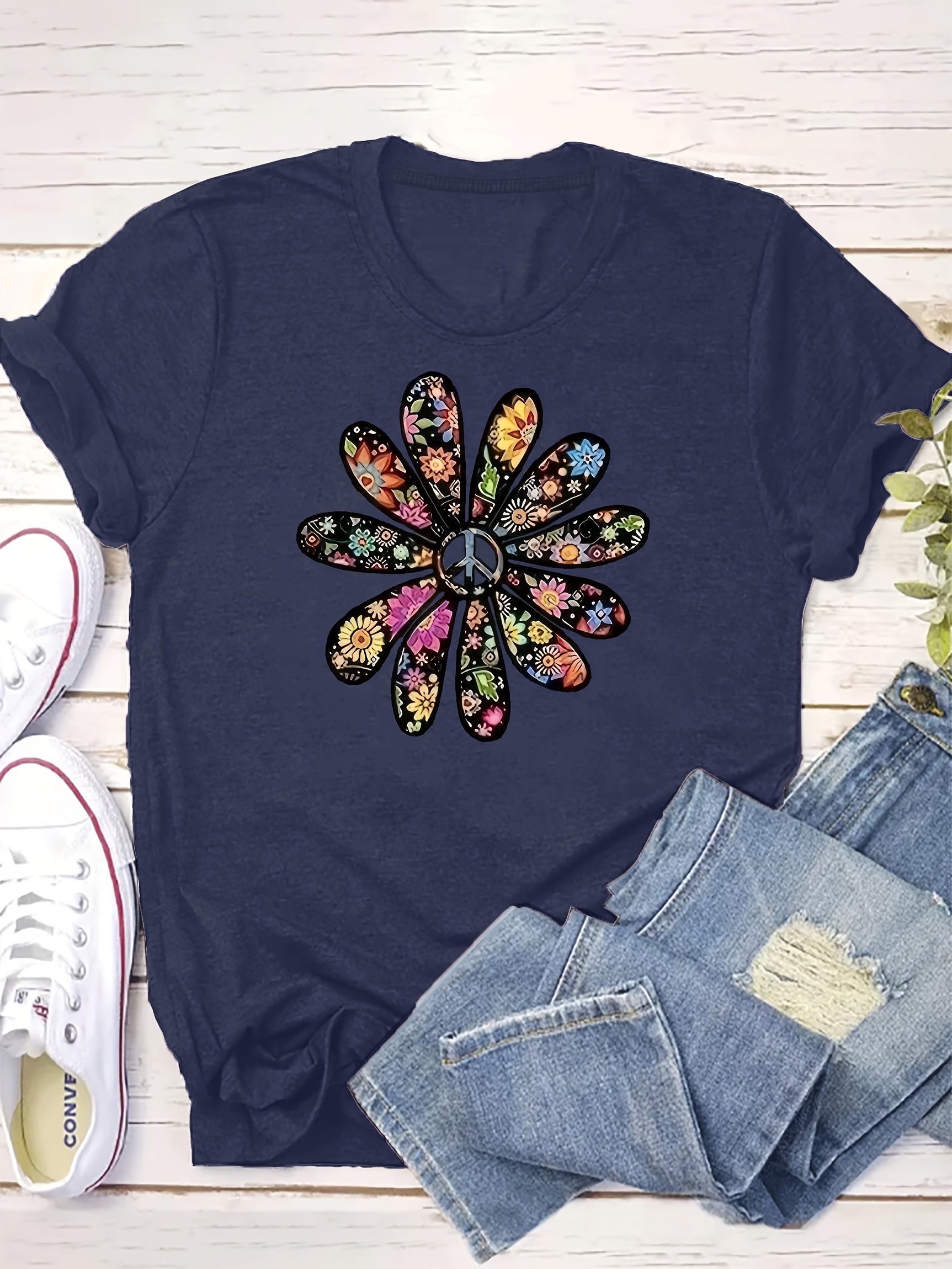 Women's Casual Short Sleeve T-Shirt - Vibrant Orange Geometric Floral Print, Relaxed Fit Round Neck, Machine Washable Summer Top, Soft Texture Shirt
