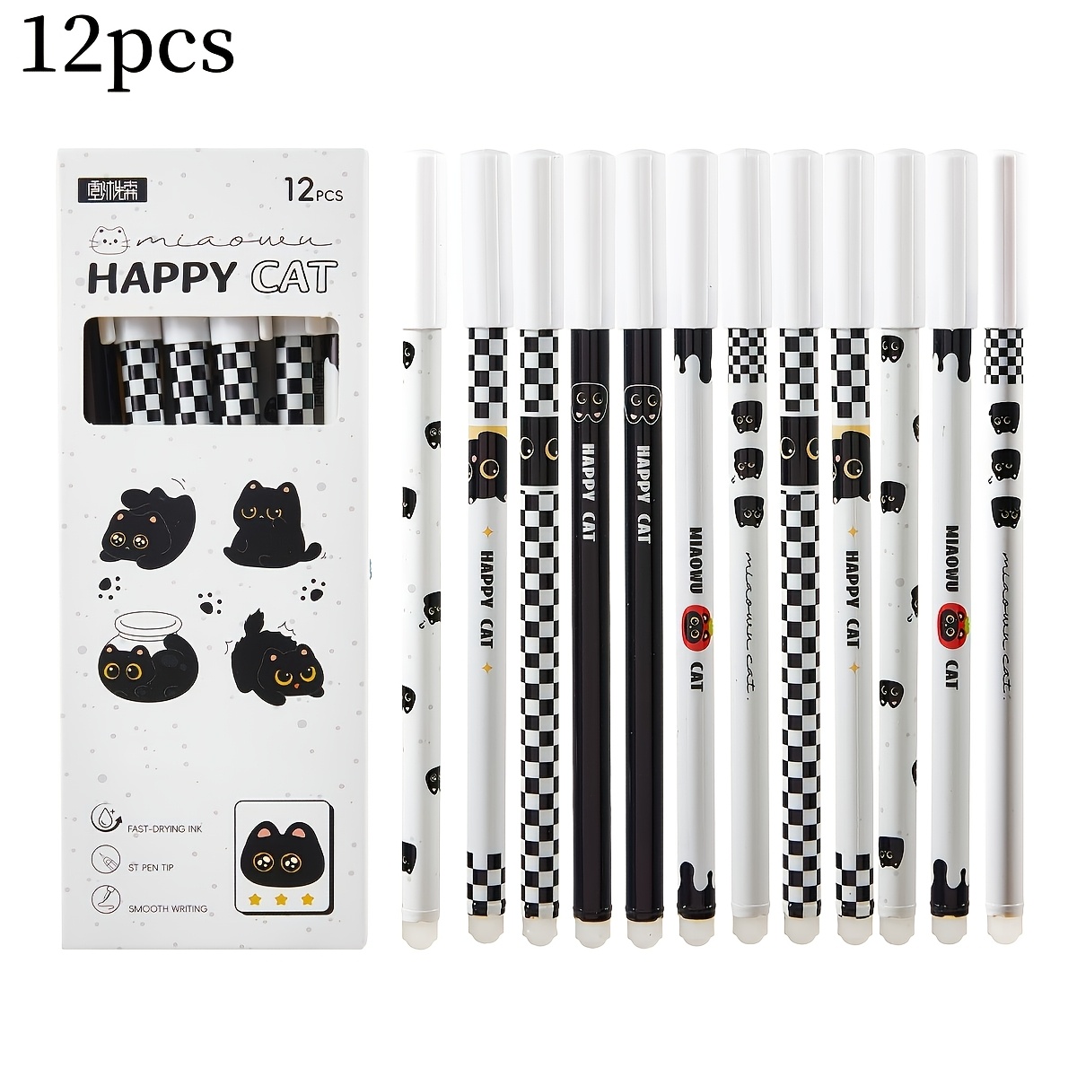 TEMU 12-pack Cartoon Black Cat Erasable Gel Pens In Box, Includes Eraser, Blue Refill, Retractable, 0.5mm Tip, Quick-drying, Smooth Writing, Suitable