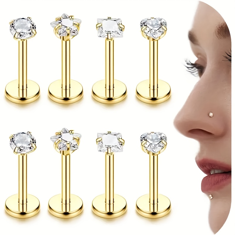 TEMU 8pcs 16g 316l Stainless Steel Lip Studs Lip Piercing Tragus Earrings Set Heart Shape Round Cz Nose Piercing Earrings Hypoallergenic Cartilage