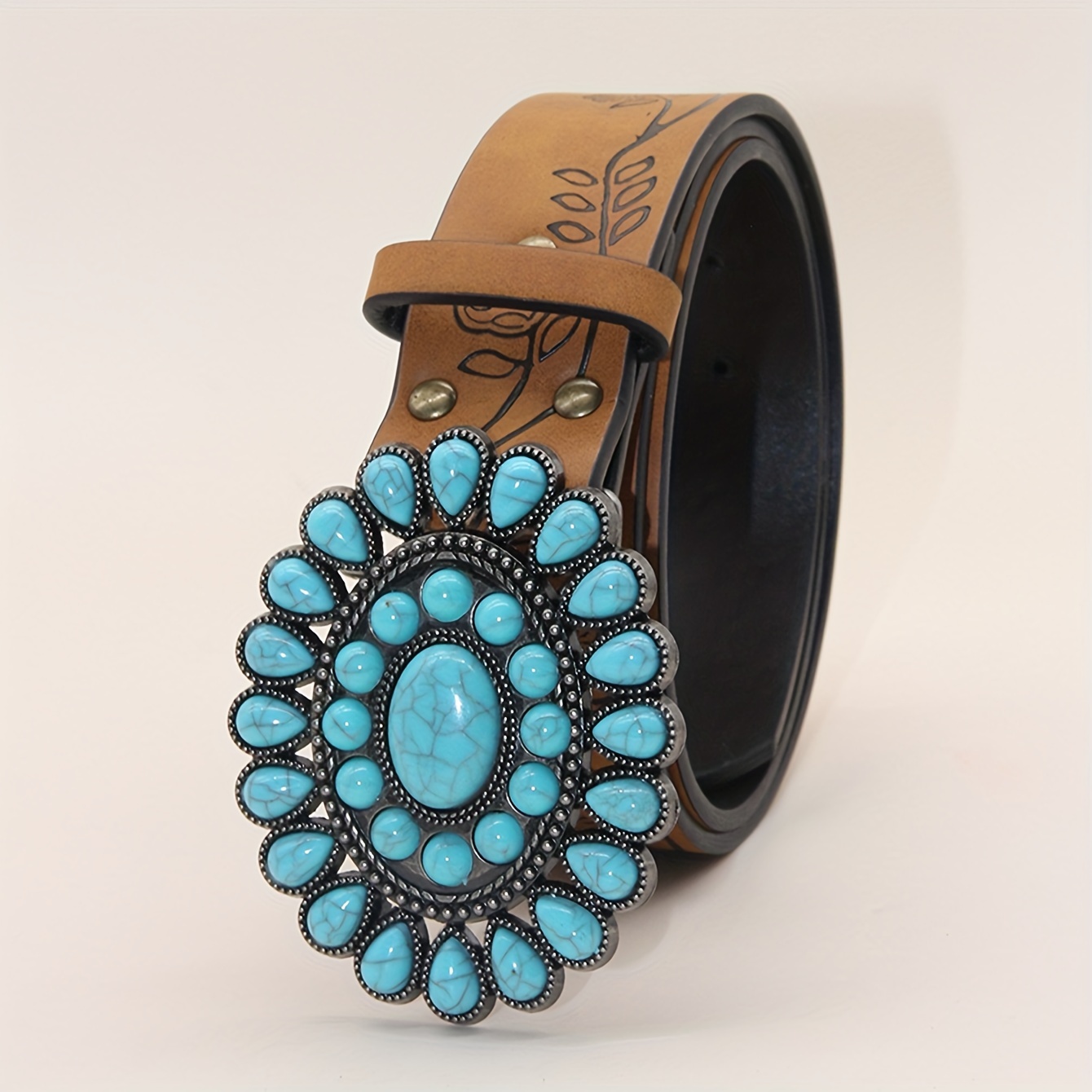 vintage western cowboy embossed belt turquoise black inlay  display picture 2