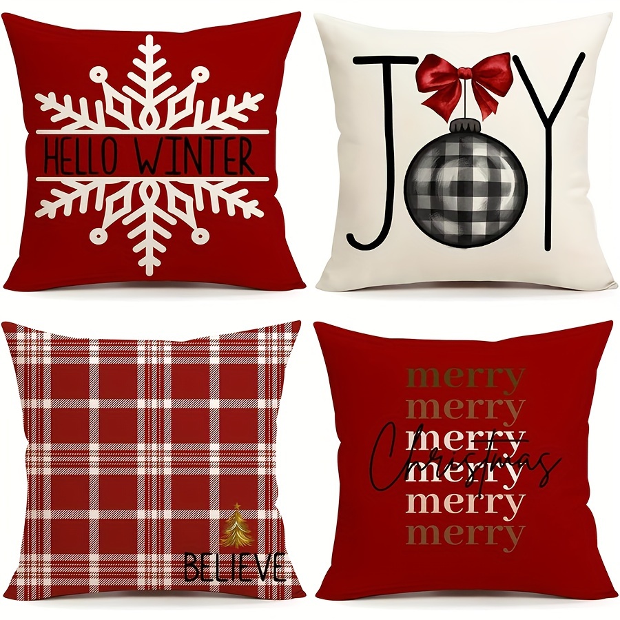 

4pcs Christmas Pillow Covers, Red & Design With Zipper Closure, Machine Washable, Holiday Cushion Cases For Sofa And Room Types