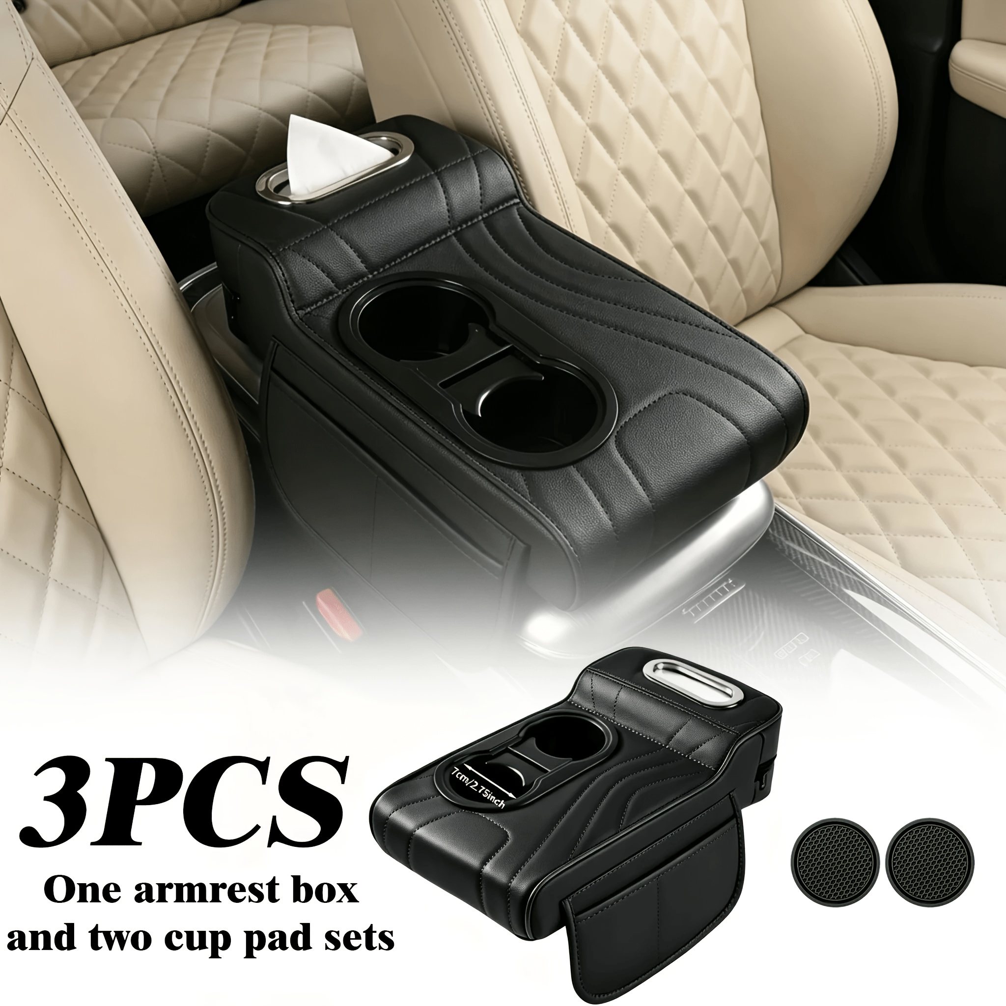 TEMU Armrest Box With 2 Cup Holder Coasters Set, Quilted Embroidery Style, Universal Integrated Multi-functional Car Center Console Riser With Cup