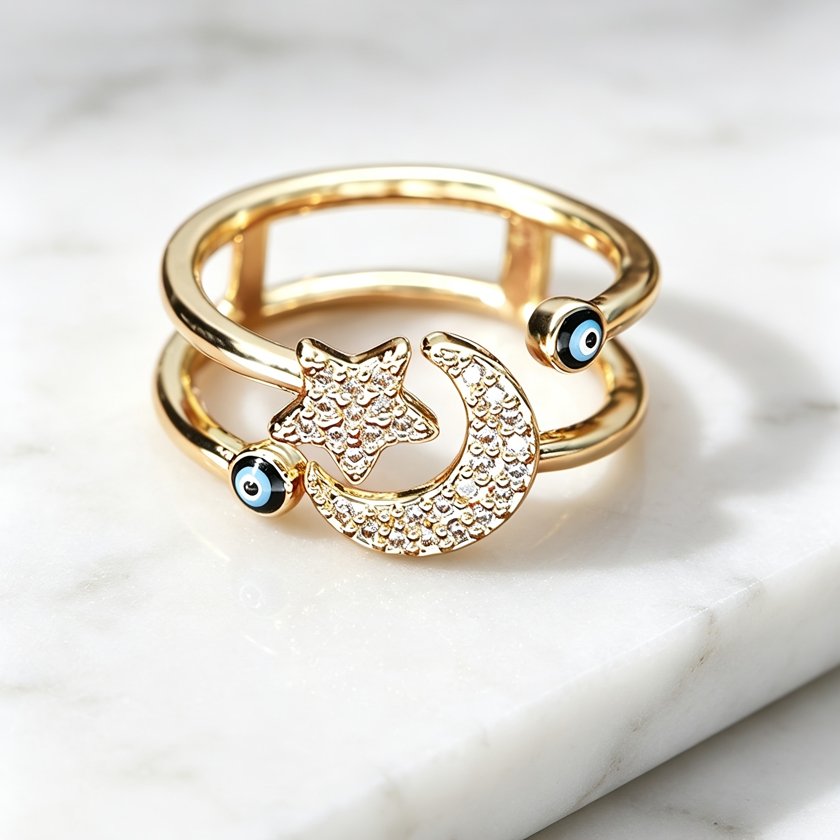 Women's Star Moon Evil Eye Open Ring, Stackable Design