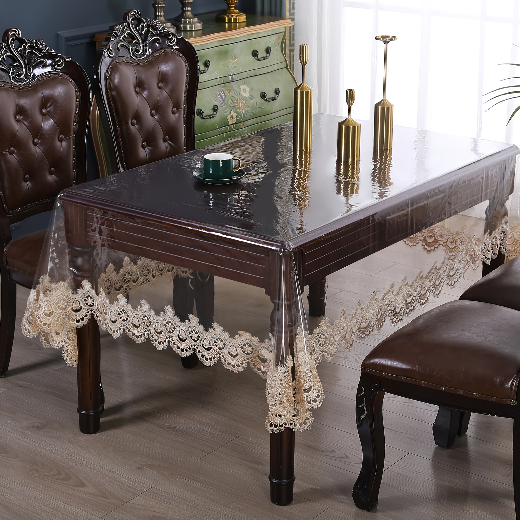 1  transparent pvc tablecloth with   floral lace edge embroidery european retro   table cover for rectangular dining coffee tables weddings parties kitchen decor party table accessory wedding table setting   table covering delicate lace detailing