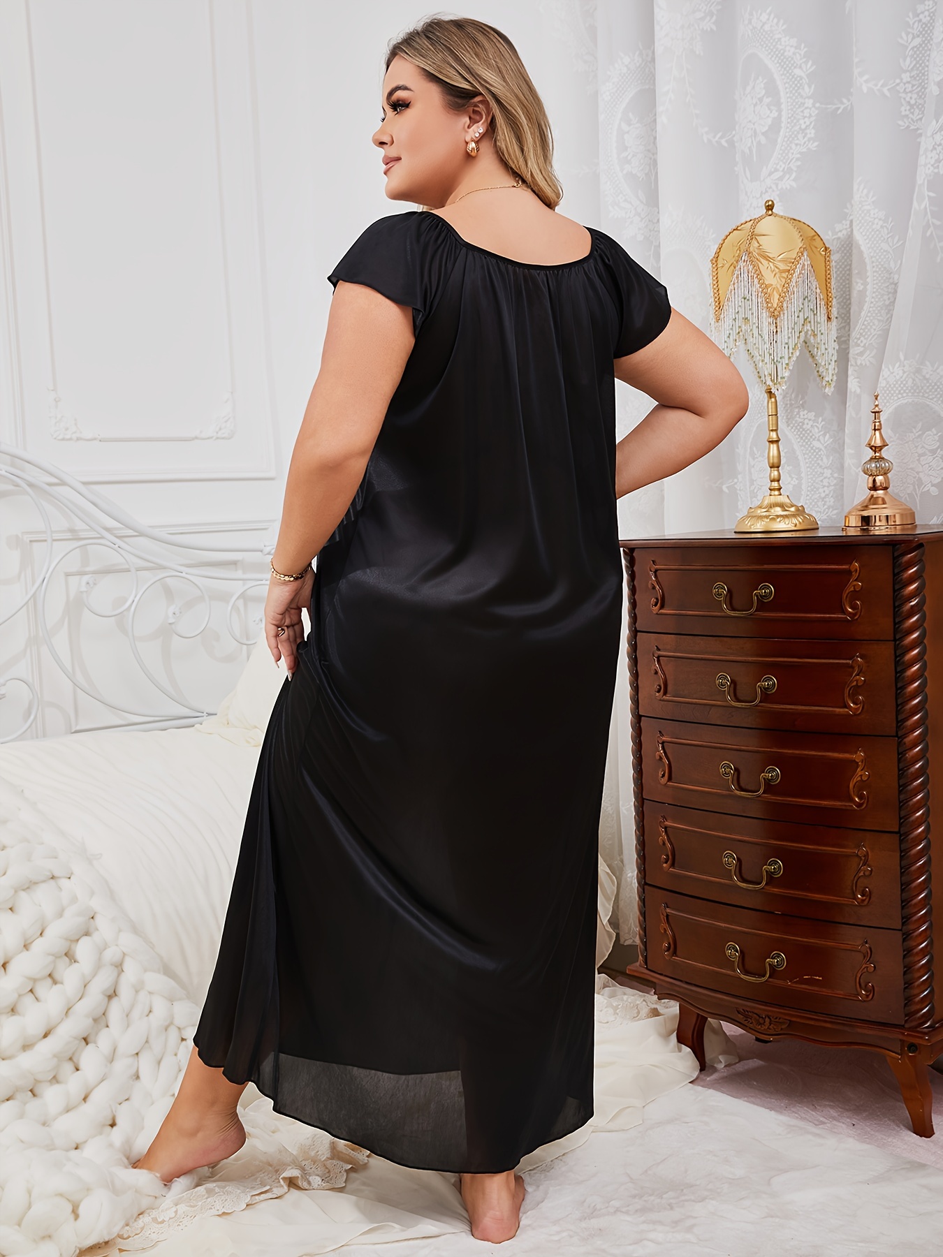 Sexy V-Neck Long Nightgown for Women - Soft Polyester & Elastane Blend, Semi-Sheer with Bow Detail, Machine Washable - Perfect for Fall