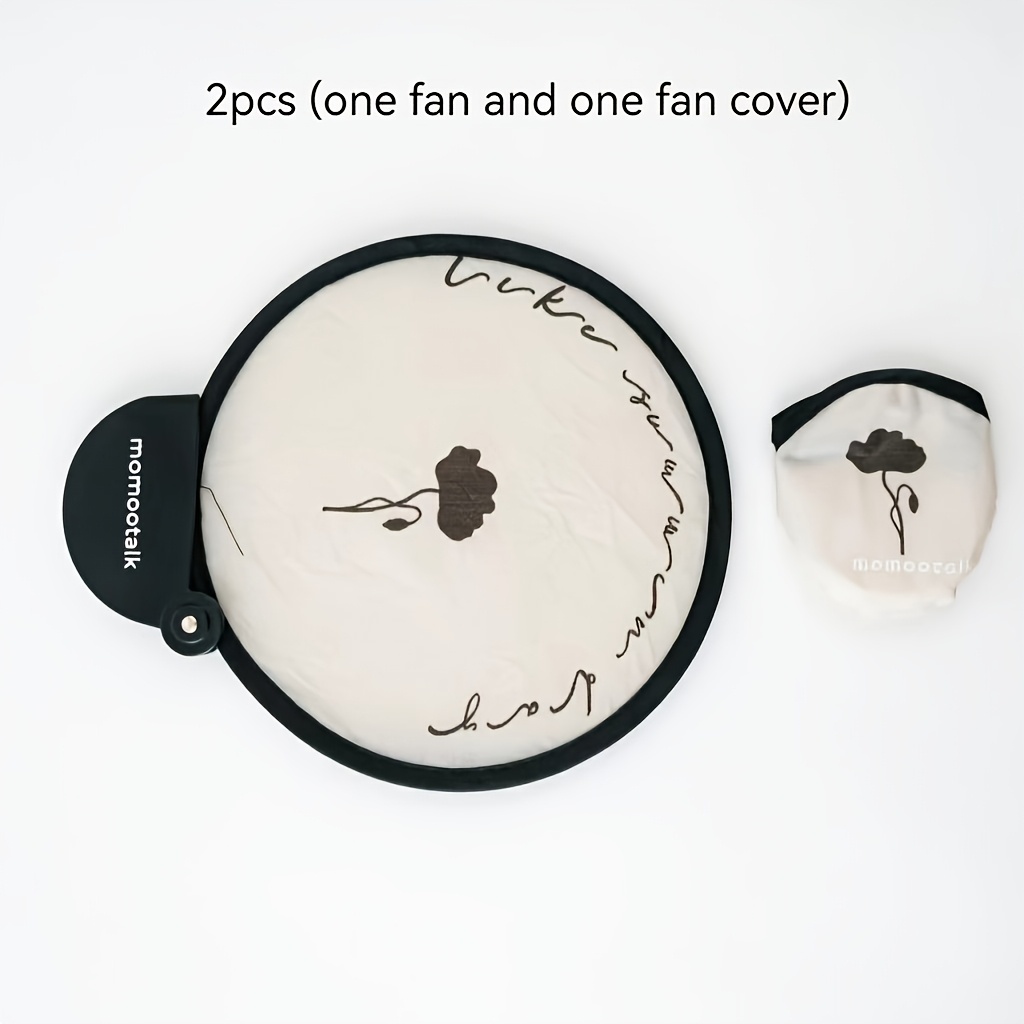 TEMU 2pcs (1pc Fan And 1pc Fan Cover) Minimalist Hand-painted Flower Folding Small Round Fan, Portable And Pocket Fan, Literary Handwritten Printed