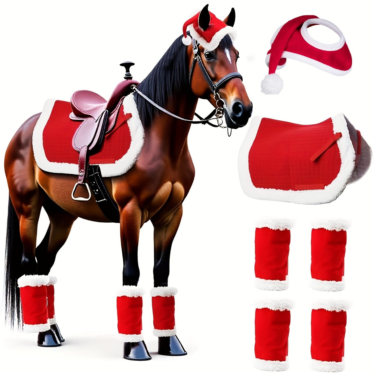 

1set Christmas Horse Gear Set - Polyester Warmers, Thickened Pad With Santa Hat Decoration, Holiday-themed Horse Outfit Accessories