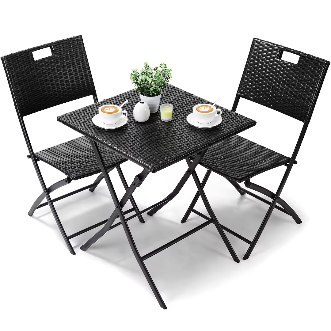 Image of 3pcs Bistro Garden Furniture Set, Including A Rattan Dining Table And 2 Folding Chairs, Perfect For , , And Gardens