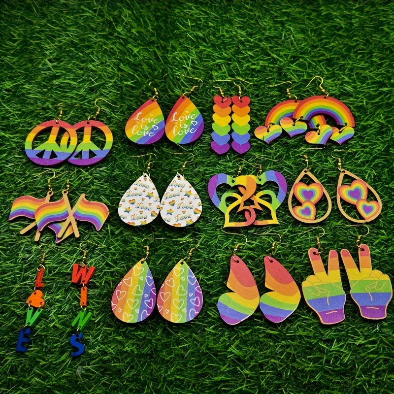 6/12 Pairs Rainbow Theme Wooden Earrings Set, Bright Designs
