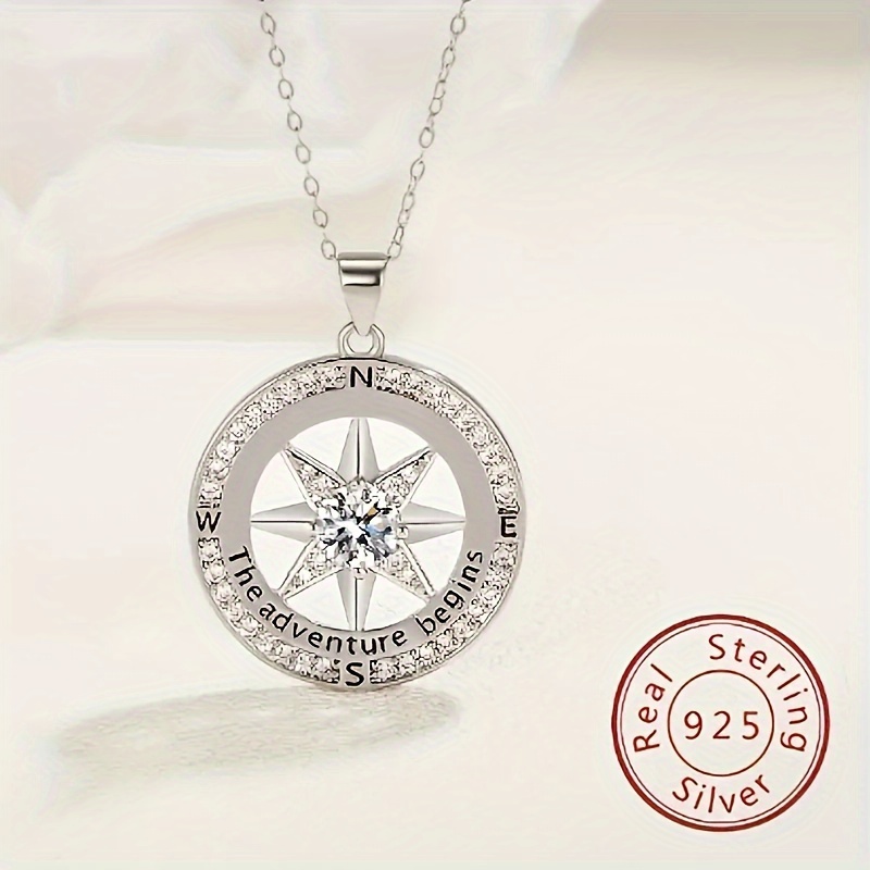 

925 Sterling Silver Compass Necklace With Zircon Decor, Luxury Round Charm Jewelry Gifts For Women With Gift Box