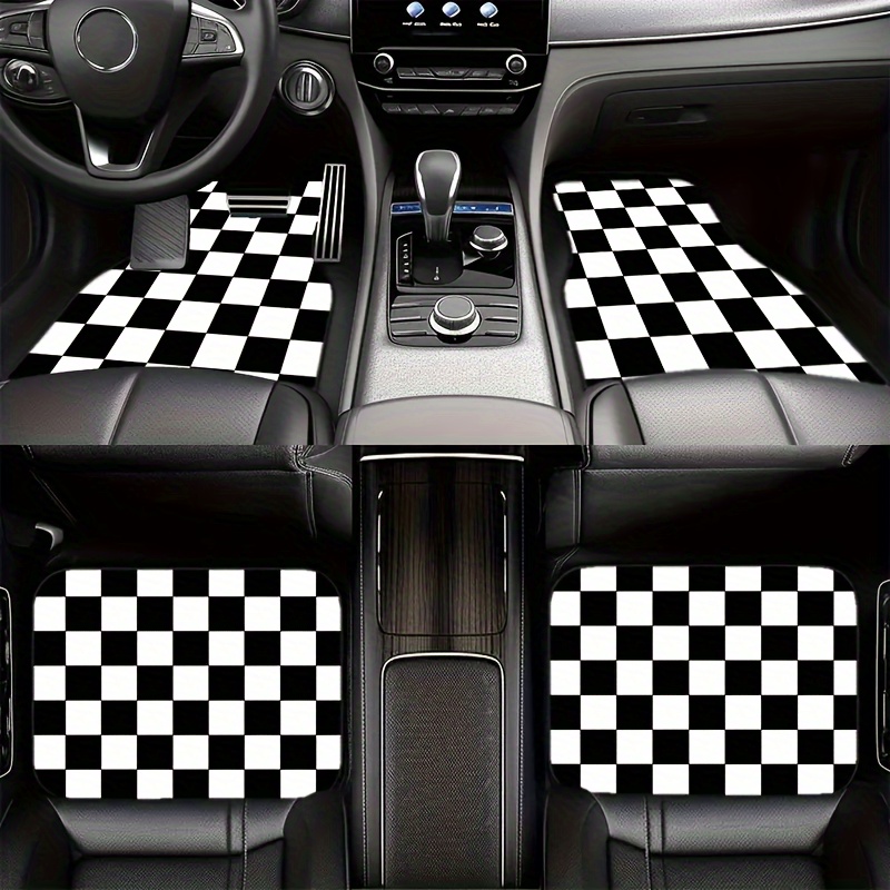 

4pcs Black And White Printed Car Floor Mats, Non-slip Car Front And Rear Floor Mats, Machine Washable Floor Mat