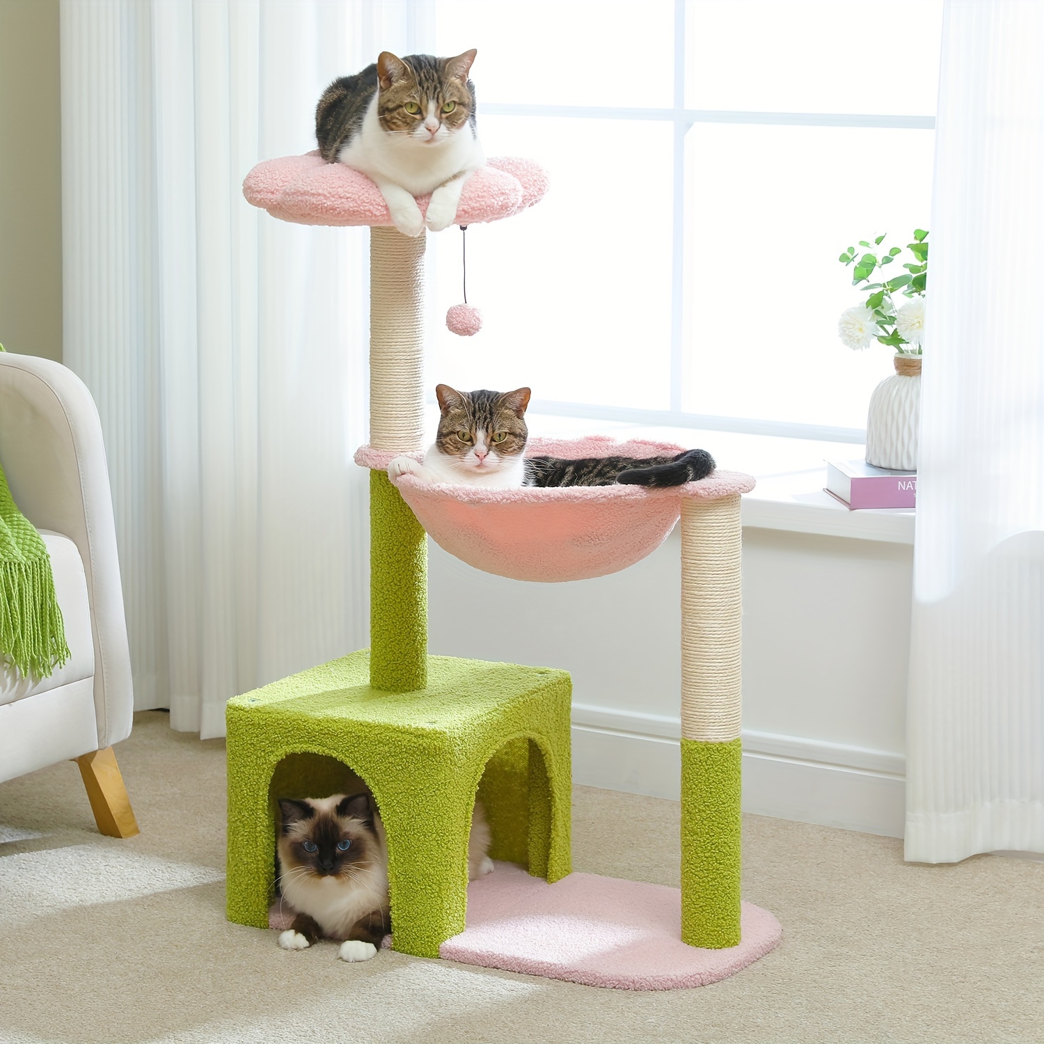 

Flower Cat Tree With Large Metal Frame Hammock, 36.6" Cute Cat Tower With Sisal Scratching Posts For Small Indoor Cats, Cat Condo With Pink Top Perch For Kittens